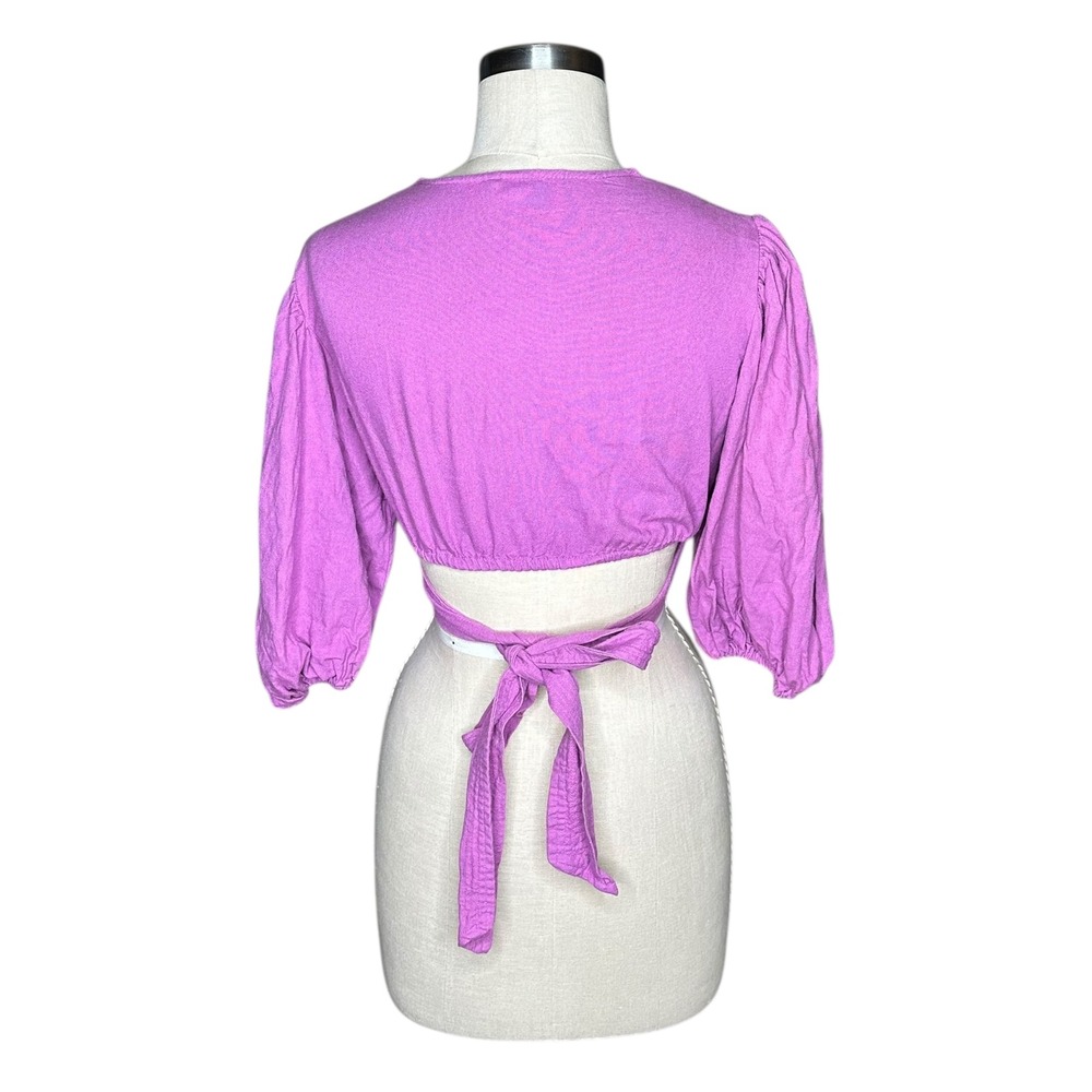 FARM Rio Cropped Twist‎ Linen Wrap Top Purple Puff Sleeve Tie Back Size P XS - Picture 3 of 5